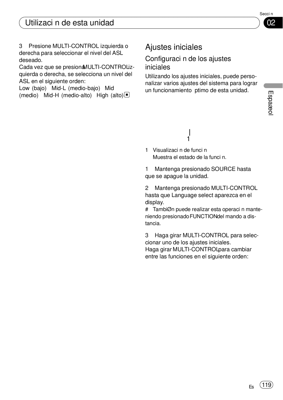 Pioneer DEH-P85BT operation manual Ajustes iniciales, Configuración de los ajustes iniciales 