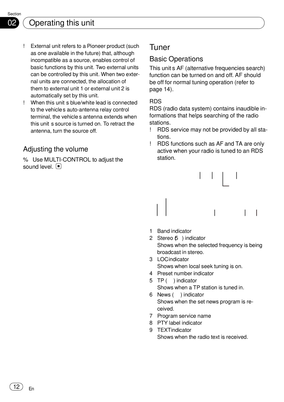 Pioneer DEH-P85BT operation manual Tuner, Basic Operations, Adjusting the volume, Rds 