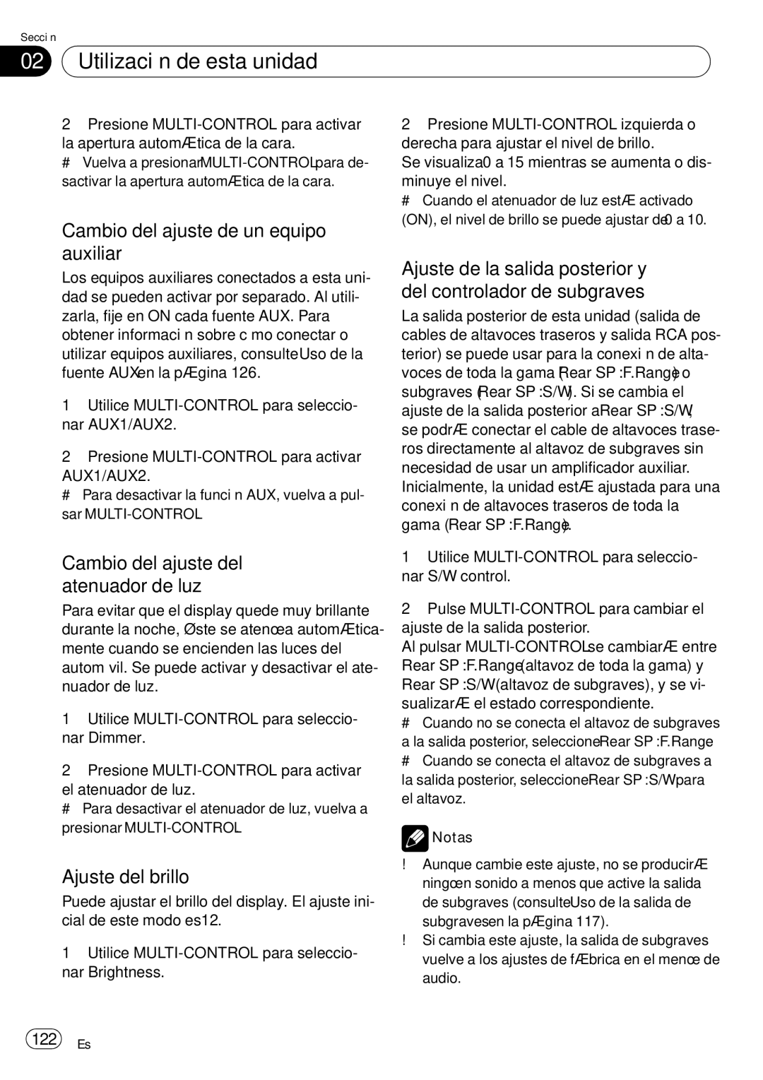 Pioneer DEH-P85BT Cambio del ajuste de un equipo auxiliar, Cambio del ajuste del atenuador de luz, Ajuste del brillo 