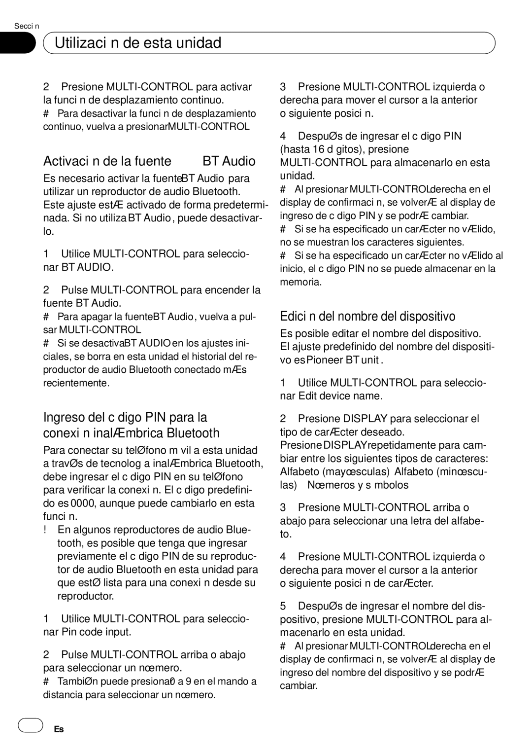 Pioneer DEH-P85BT operation manual Activación de la fuente BT Audio, Edición del nombre del dispositivo, 124 Es 