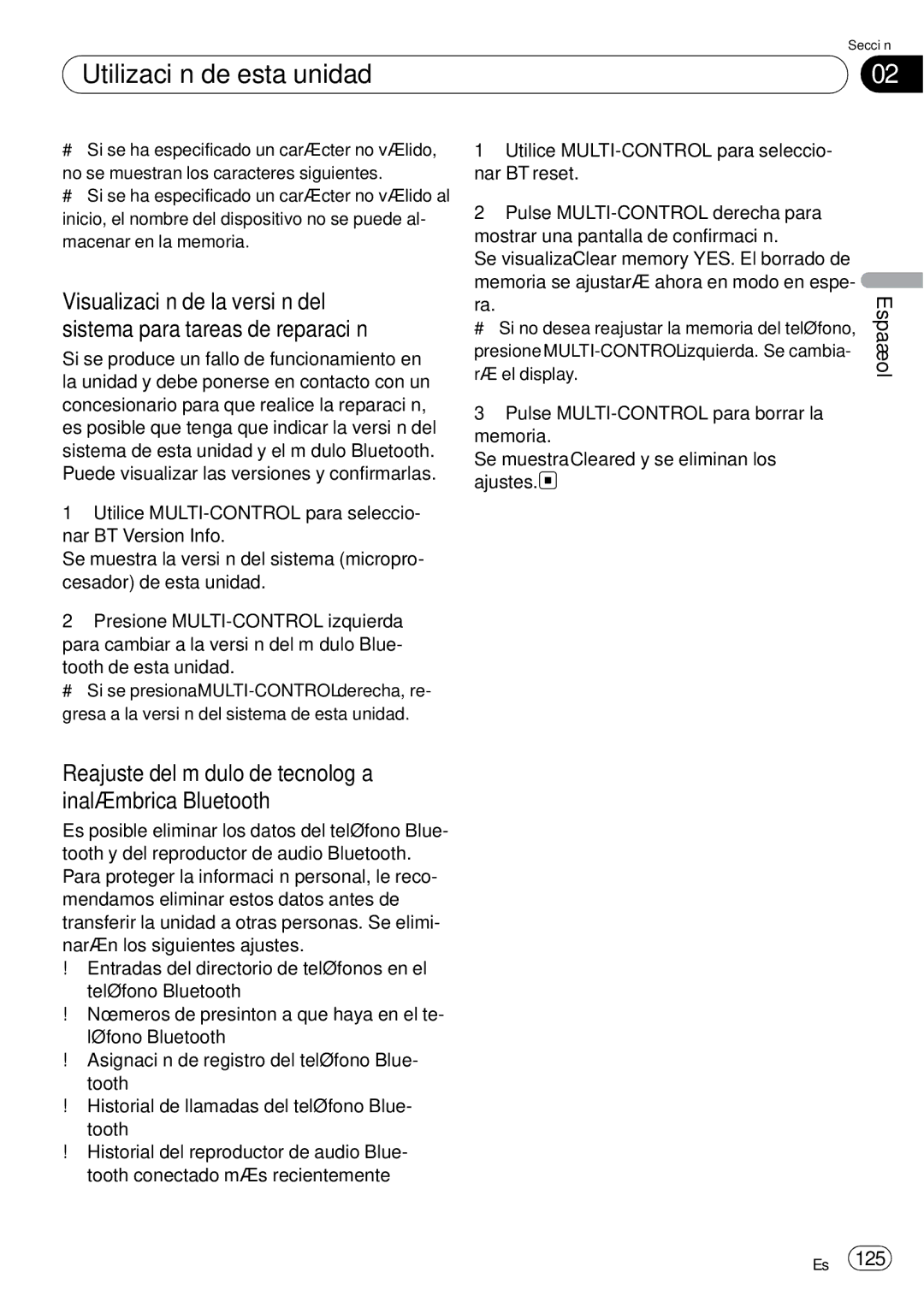 Pioneer DEH-P85BT operation manual Reajuste del módulo de tecnología inalámbrica Bluetooth 