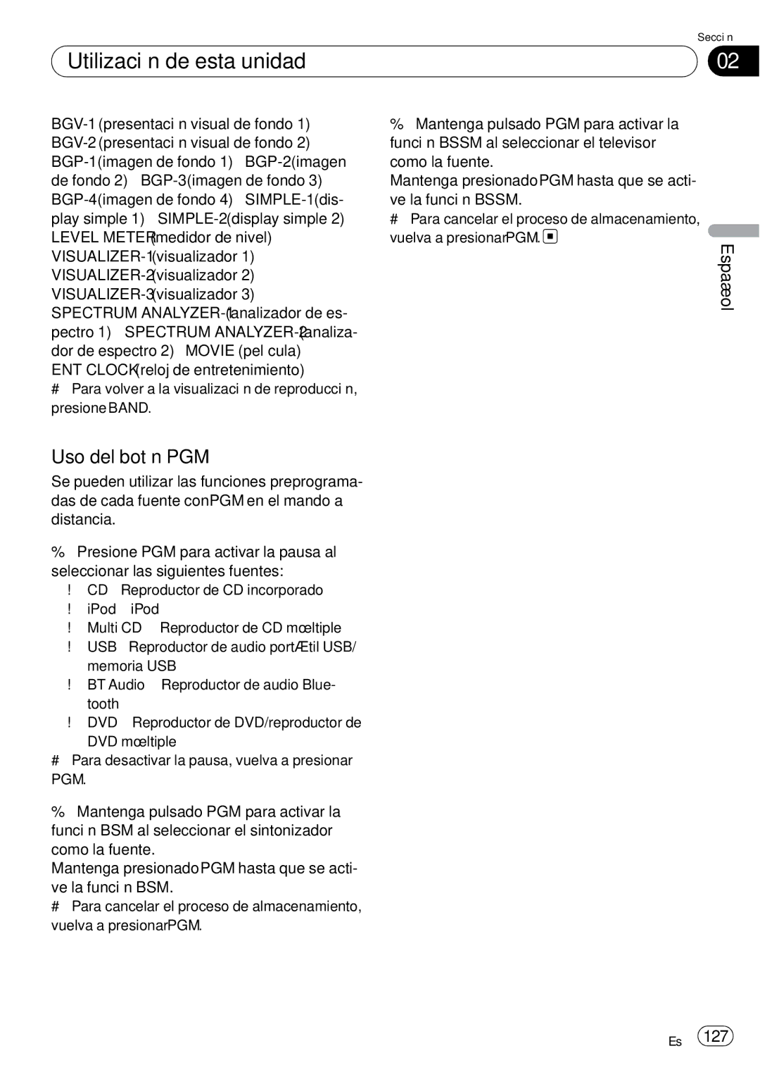 Pioneer DEH-P85BT operation manual Uso del botón PGM 