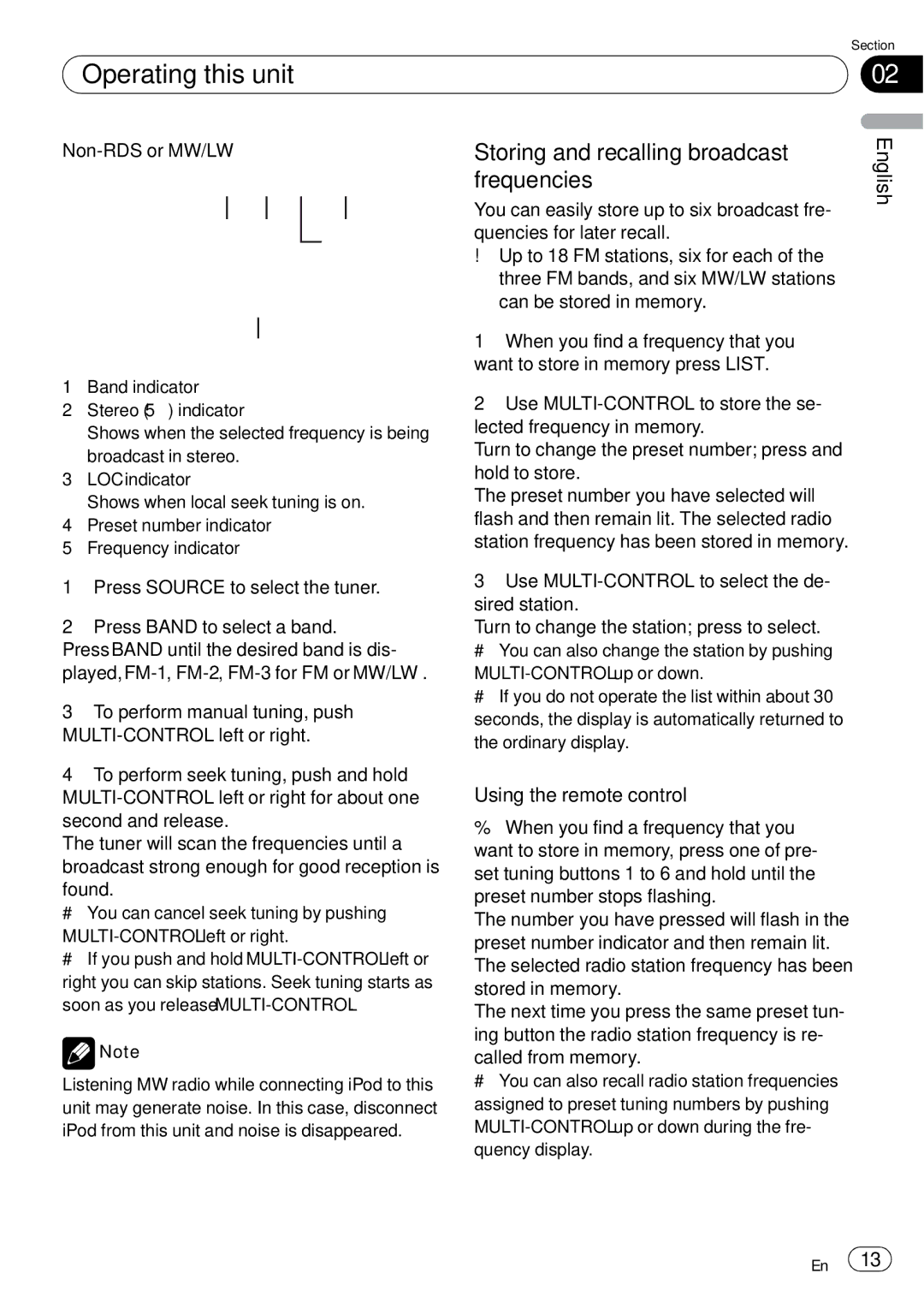 Pioneer DEH-P85BT operation manual Storing and recalling broadcast frequencies, Using the remote control, Non-RDS or MW/LW 