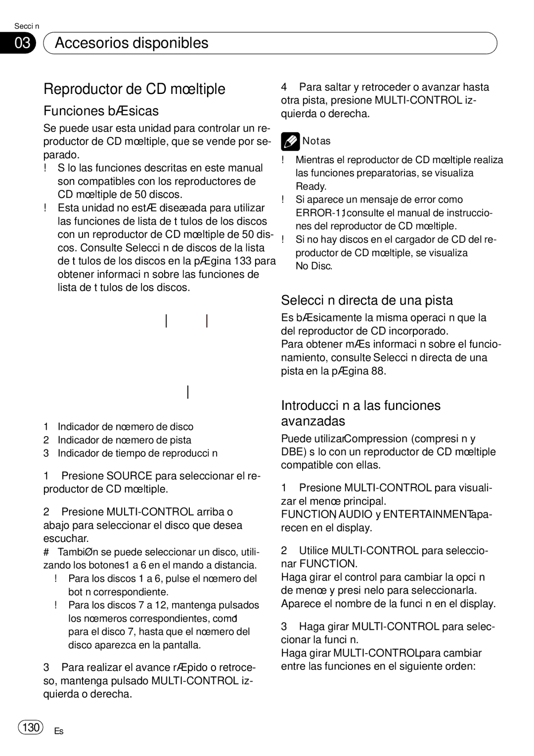 Pioneer DEH-P85BT operation manual Accesorios disponibles Reproductor de CD múltiple, 130 Es 