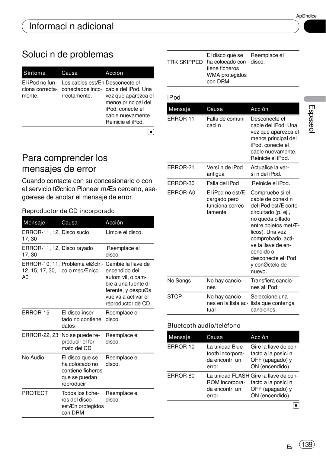 Pioneer DEH-P85BT operation manual Información adicional Solución de problemas, Para comprender los, Mensajes de error 