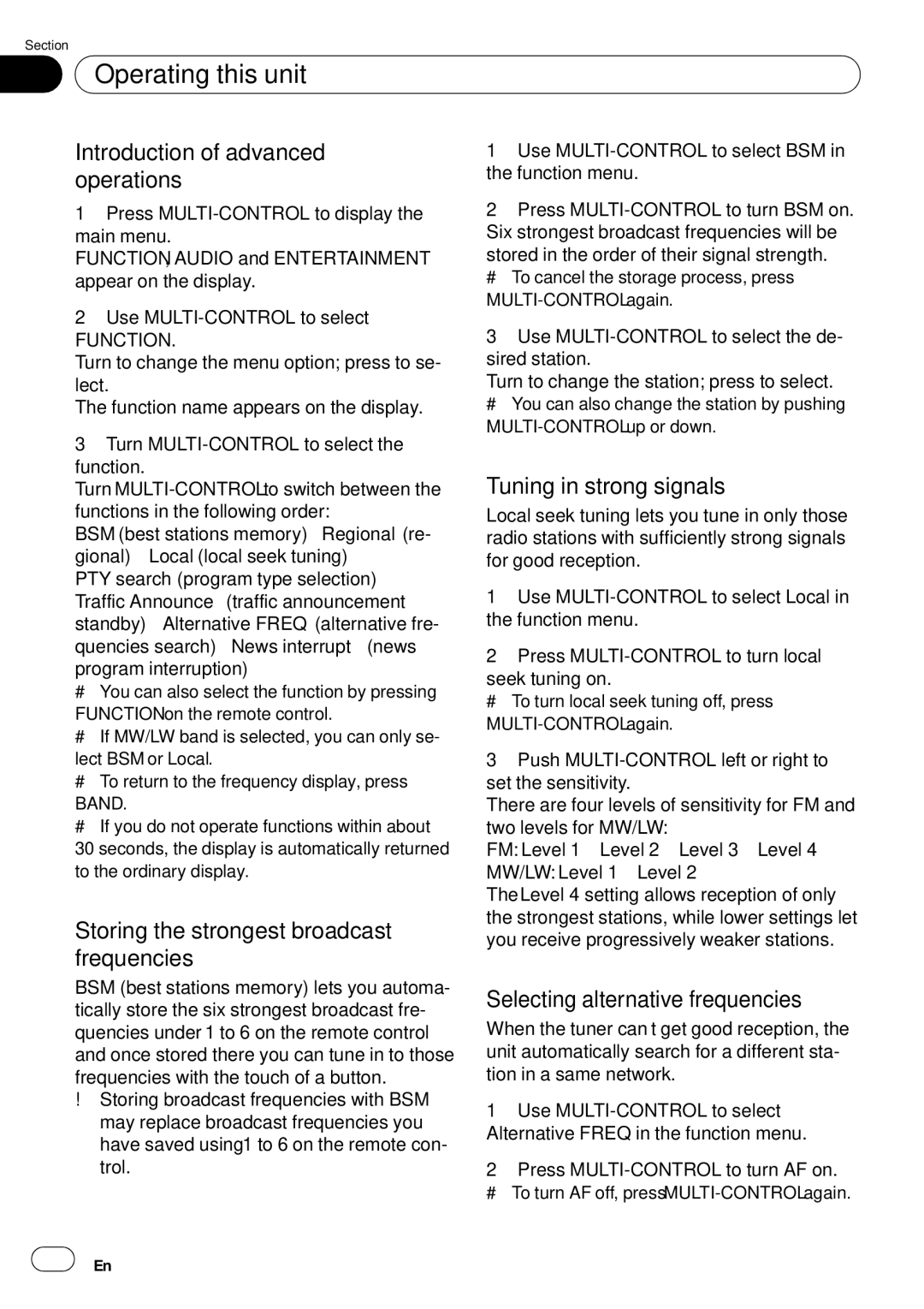 Pioneer DEH-P85BT operation manual Introduction of advanced operations, Storing the strongest broadcast frequencies 