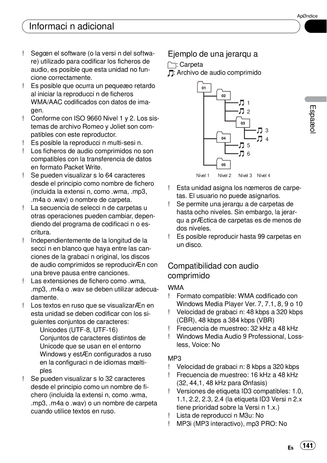 Pioneer DEH-P85BT operation manual Información adicional, Ejemplo de una jerarquía, Compatibilidad con audio comprimido 