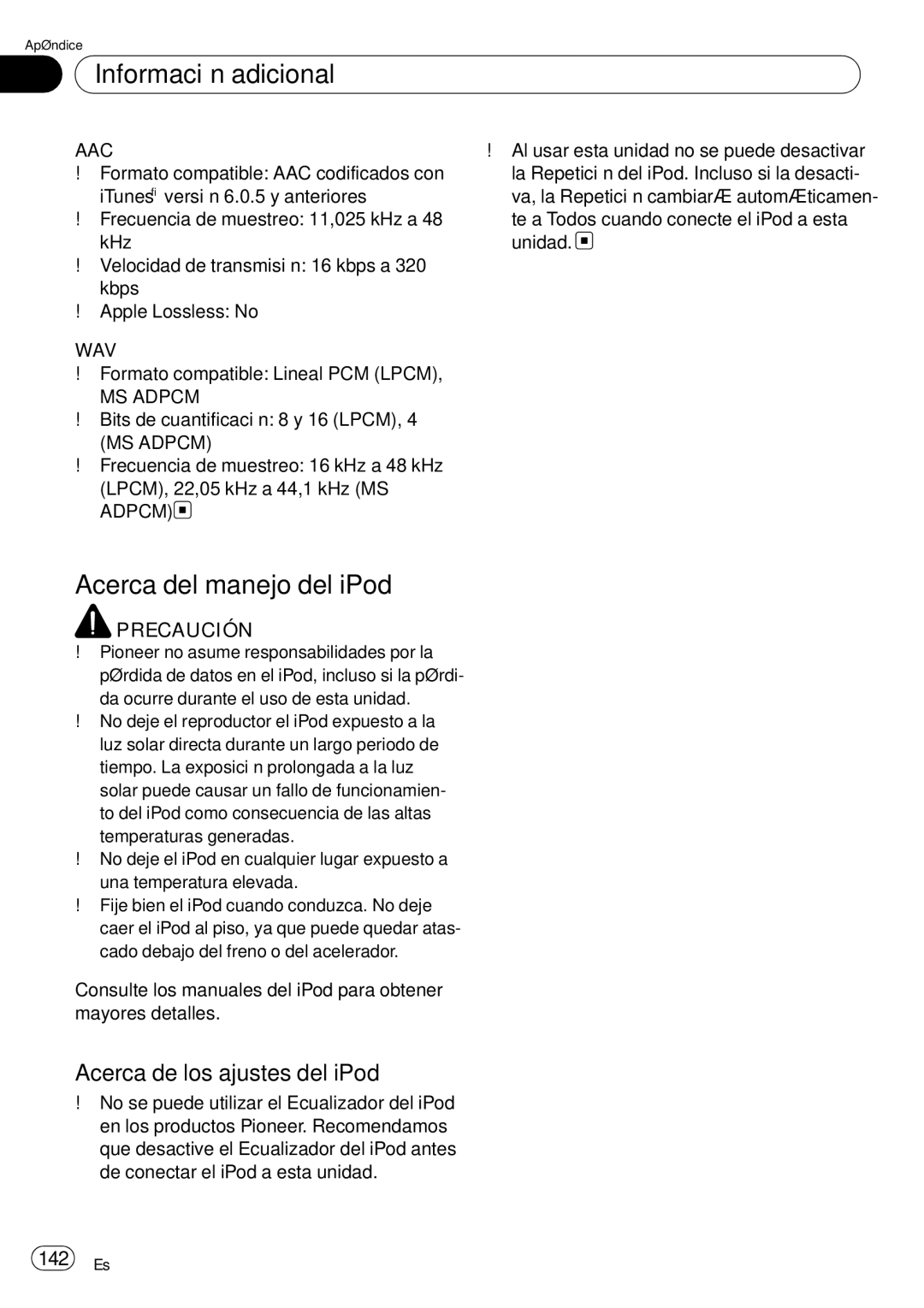 Pioneer DEH-P85BT Acerca del manejo del iPod, Acerca de los ajustes del iPod, 142 Es, Formato compatible Lineal PCM Lpcm 