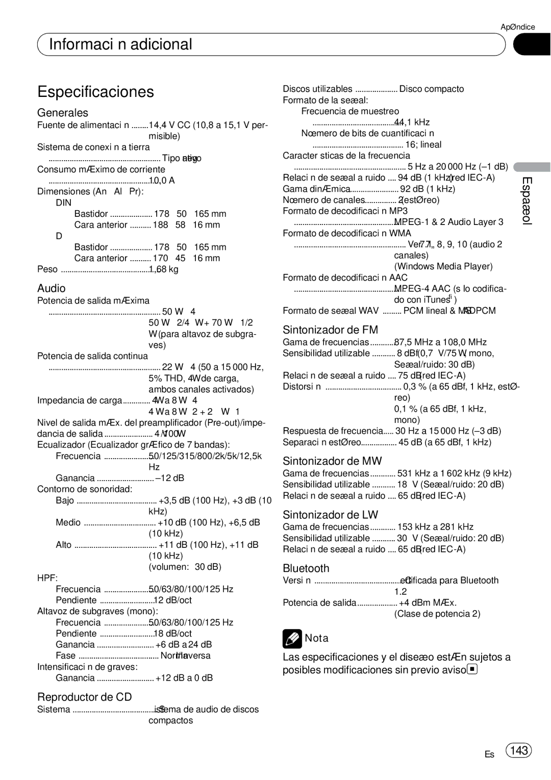 Pioneer DEH-P85BT operation manual Información adicional Especificaciones 