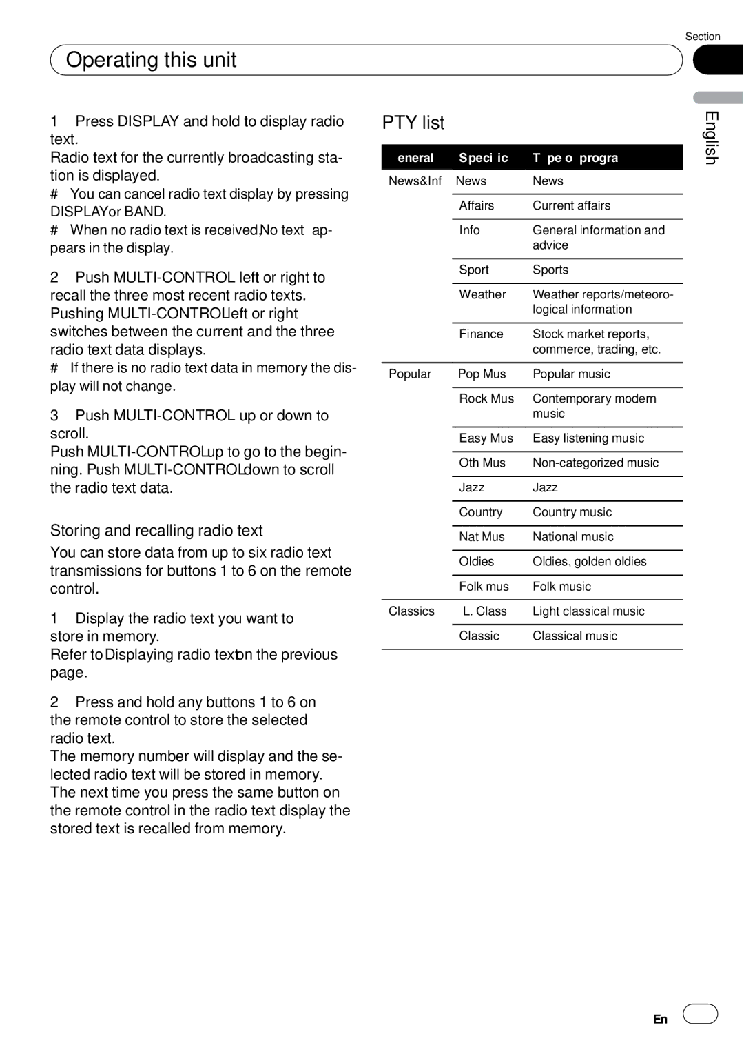 Pioneer DEH-P85BT operation manual PTY list, Storing and recalling radio text 