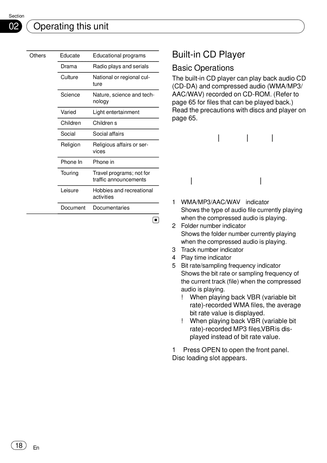 Pioneer DEH-P85BT operation manual Built-in CD Player, WMA/MP3/AAC/WAV indicator, Folder number indicator 