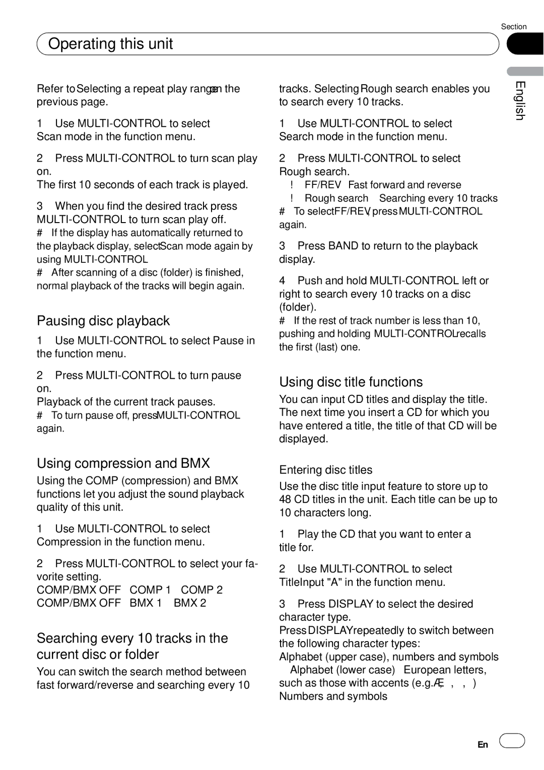 Pioneer DEH-P85BT Pausing disc playback, Using compression and BMX, Using disc title functions, Entering disc titles 