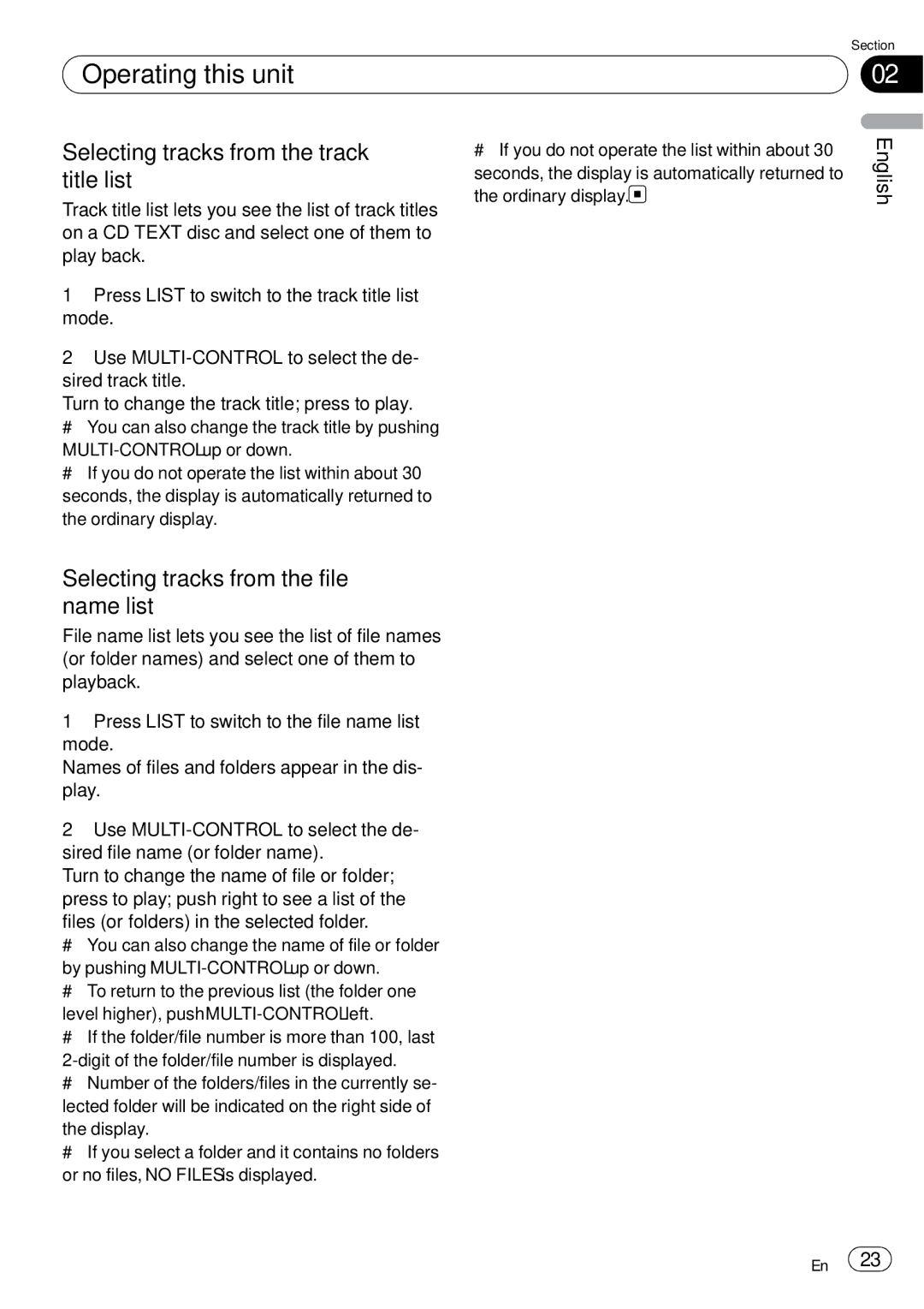 Pioneer DEH-P85BT operation manual Selecting tracks from the track title list, Selecting tracks from the file name list 