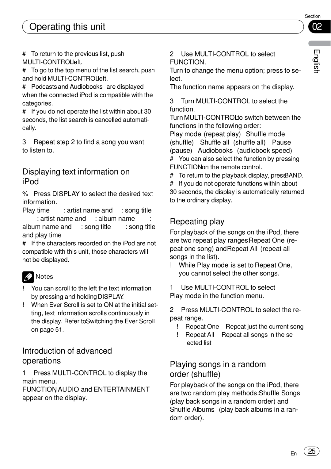 Pioneer DEH-P85BT Displaying text information on iPod, Repeating play, Playing songs in a random order shuffle 