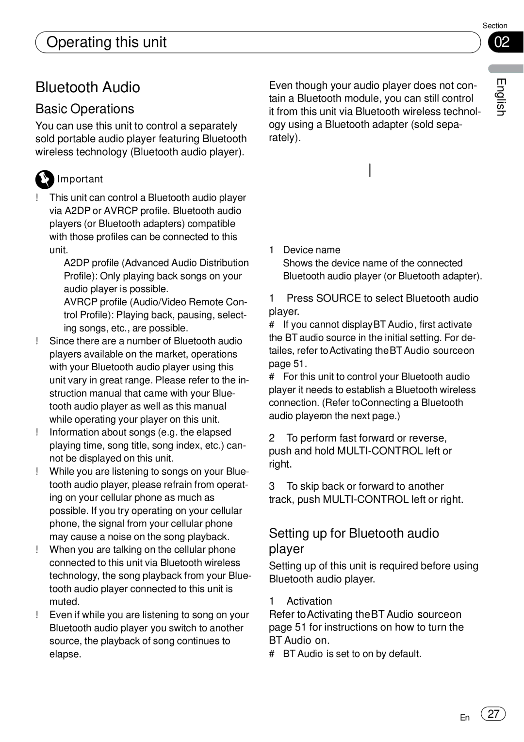 Pioneer DEH-P85BT operation manual Operating this unit Bluetooth Audio, Setting up for Bluetooth audio, Player 