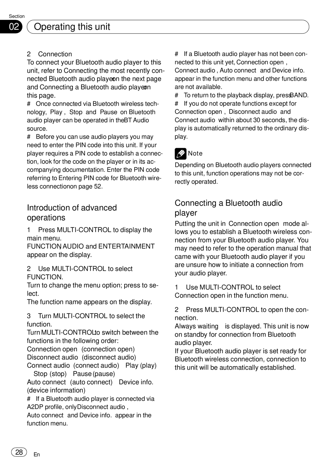 Pioneer DEH-P85BT operation manual Introduction of advanced operations, Connecting a Bluetooth audio player 