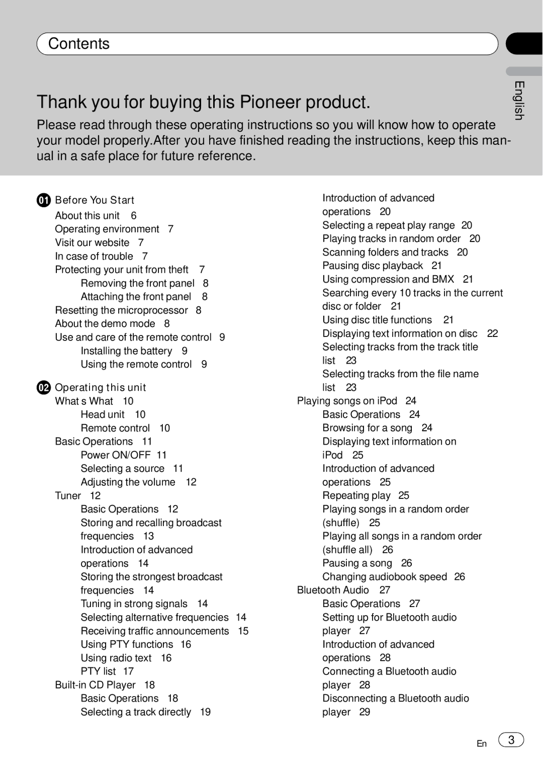 Pioneer DEH-P85BT Contents, Playing tracks in random order, Scanning folders and tracks Pausing disc playback 