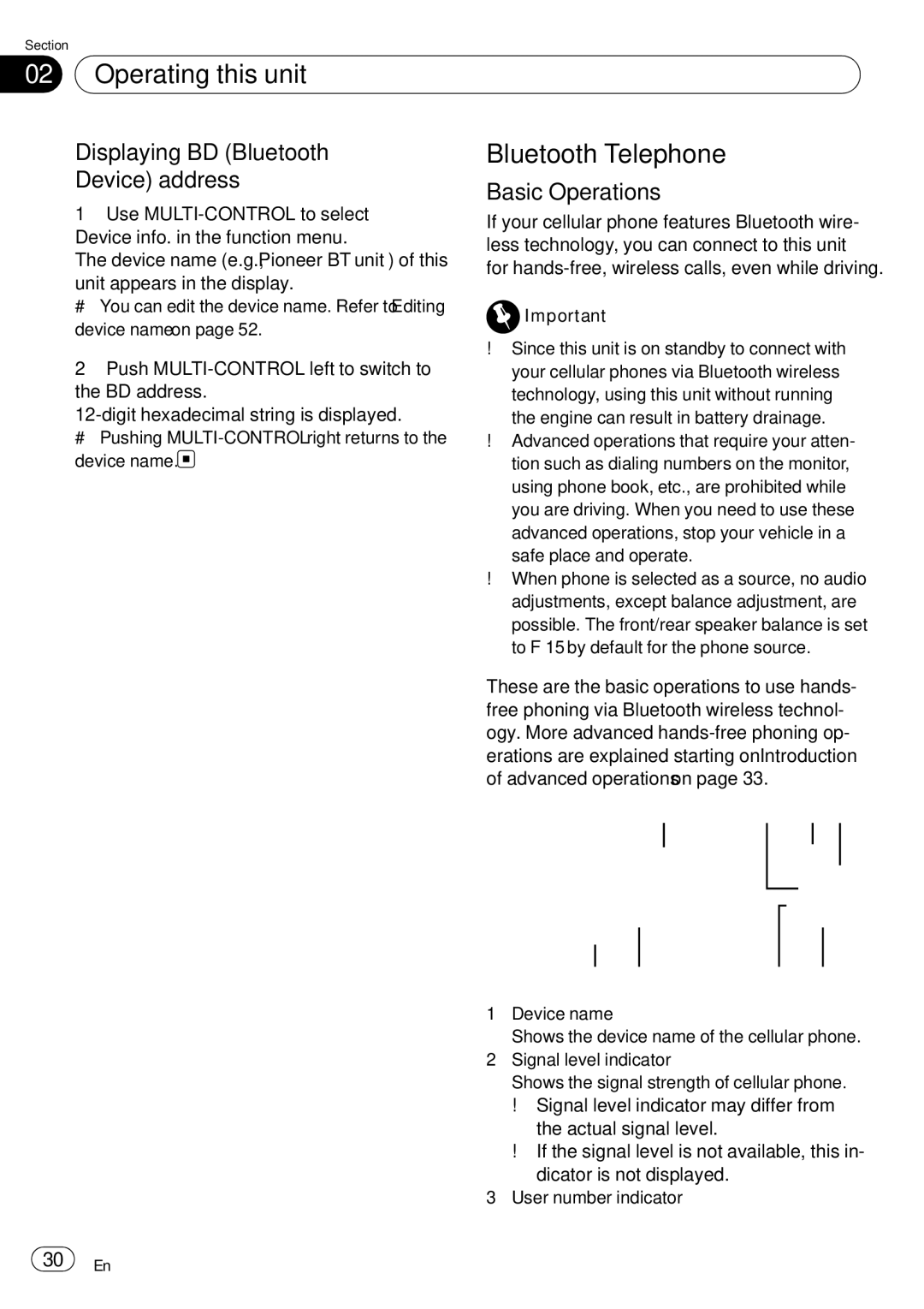 Pioneer DEH-P85BT operation manual Bluetooth Telephone, Displaying BD Bluetooth, Device address Basic Operations 