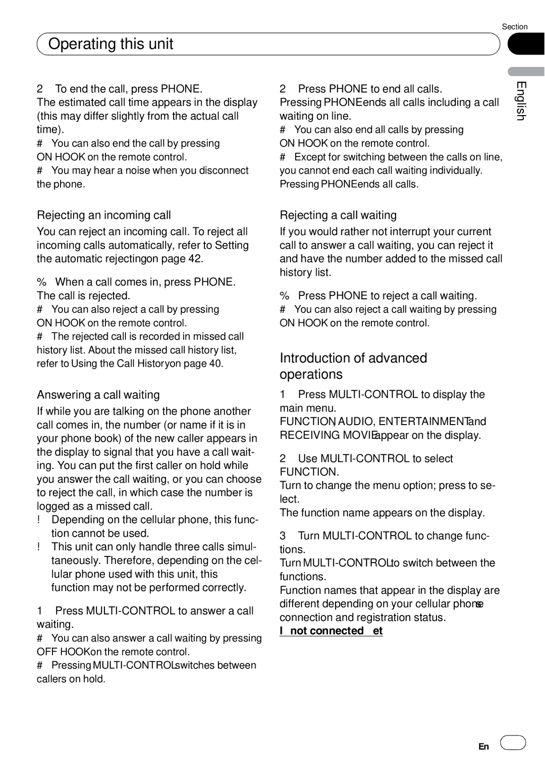 Pioneer DEH-P85BT operation manual Rejecting an incoming call, Answering a call waiting, Rejecting a call waiting 