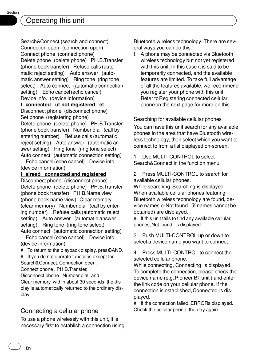 Pioneer DEH-P85BT operation manual Connecting a cellular phone, Searching for available cellular phones 