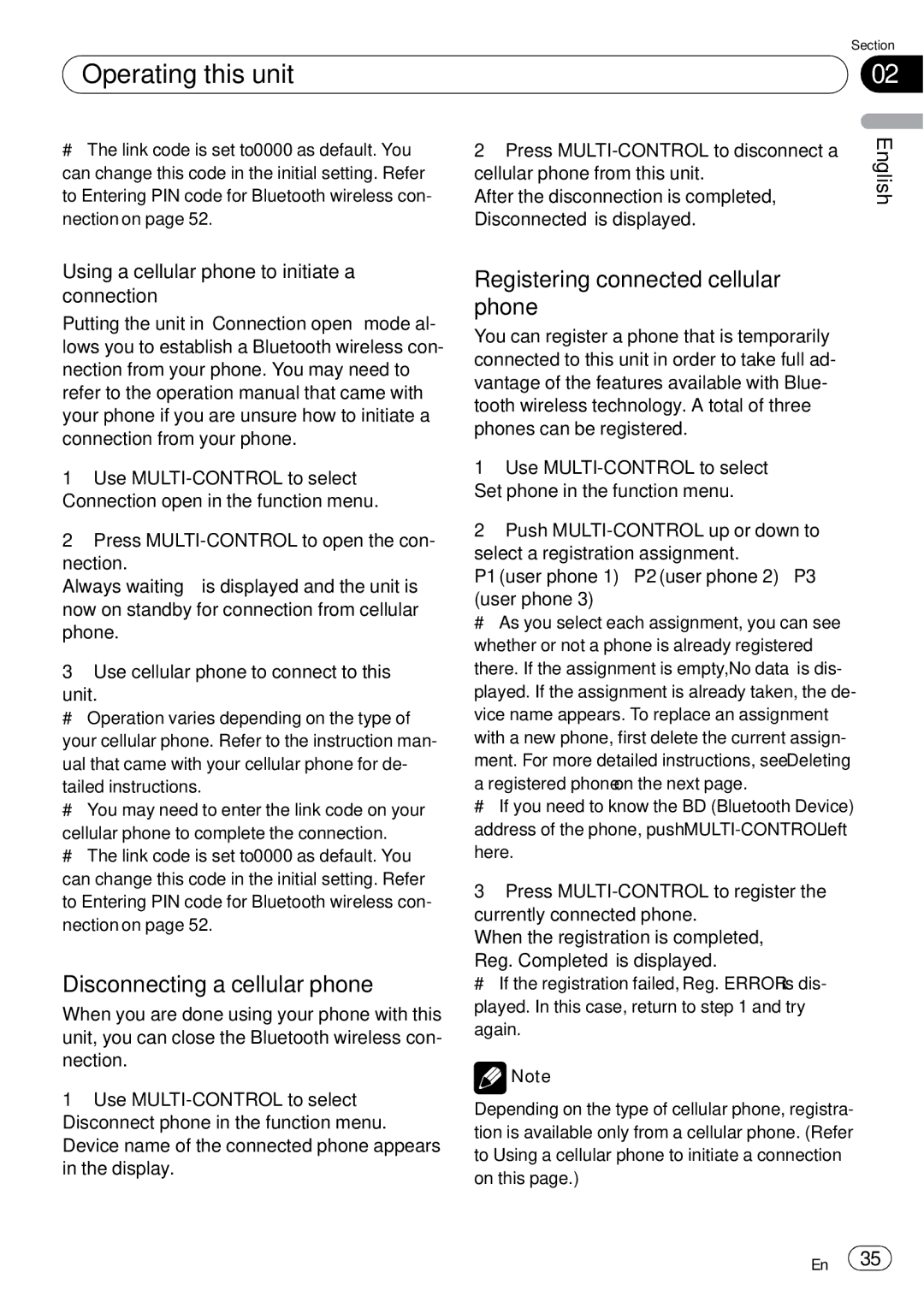 Pioneer DEH-P85BT operation manual Disconnecting a cellular phone, Registering connected cellular phone 