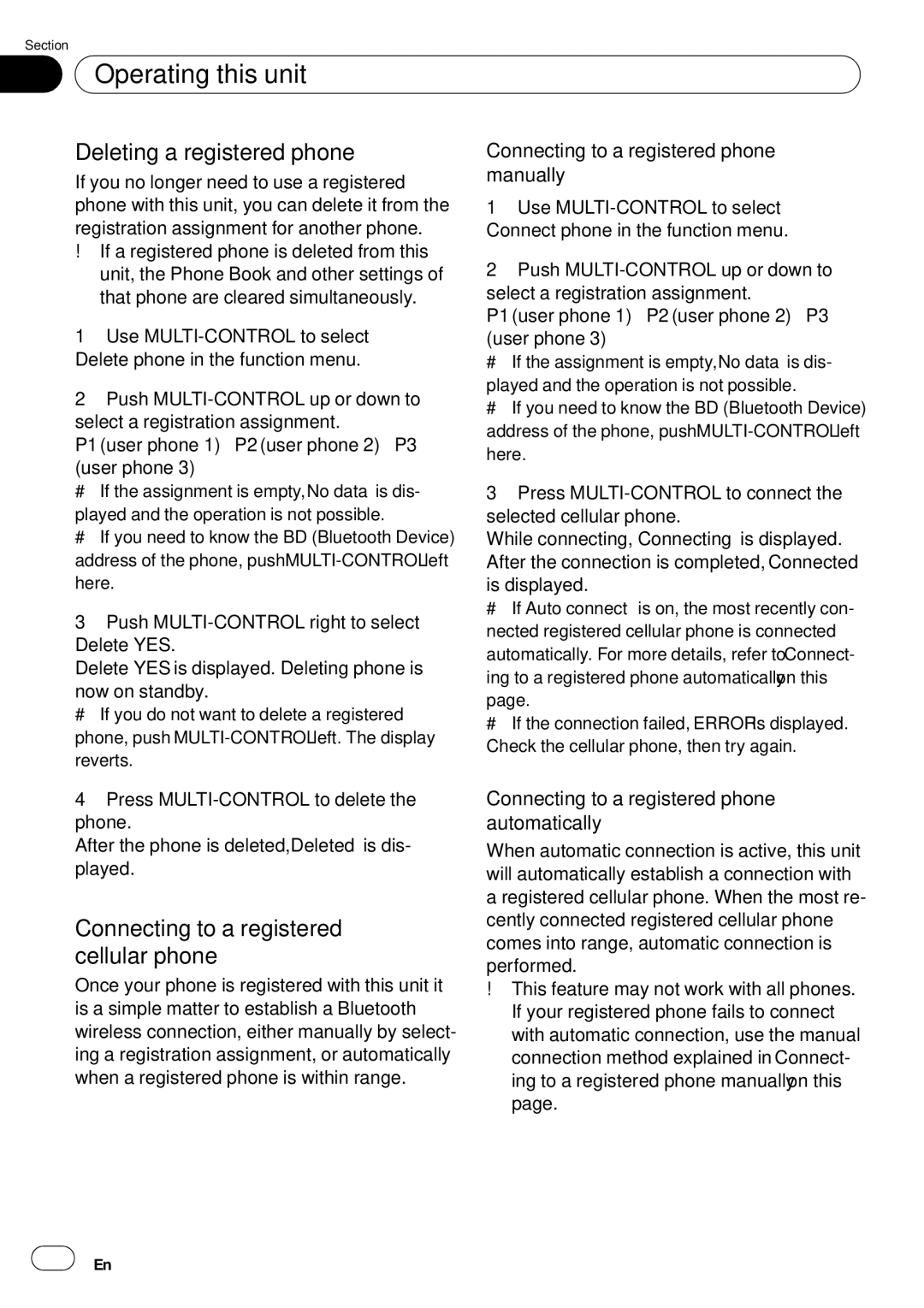 Pioneer DEH-P85BT operation manual Deleting a registered phone, Connecting to a registered cellular phone 