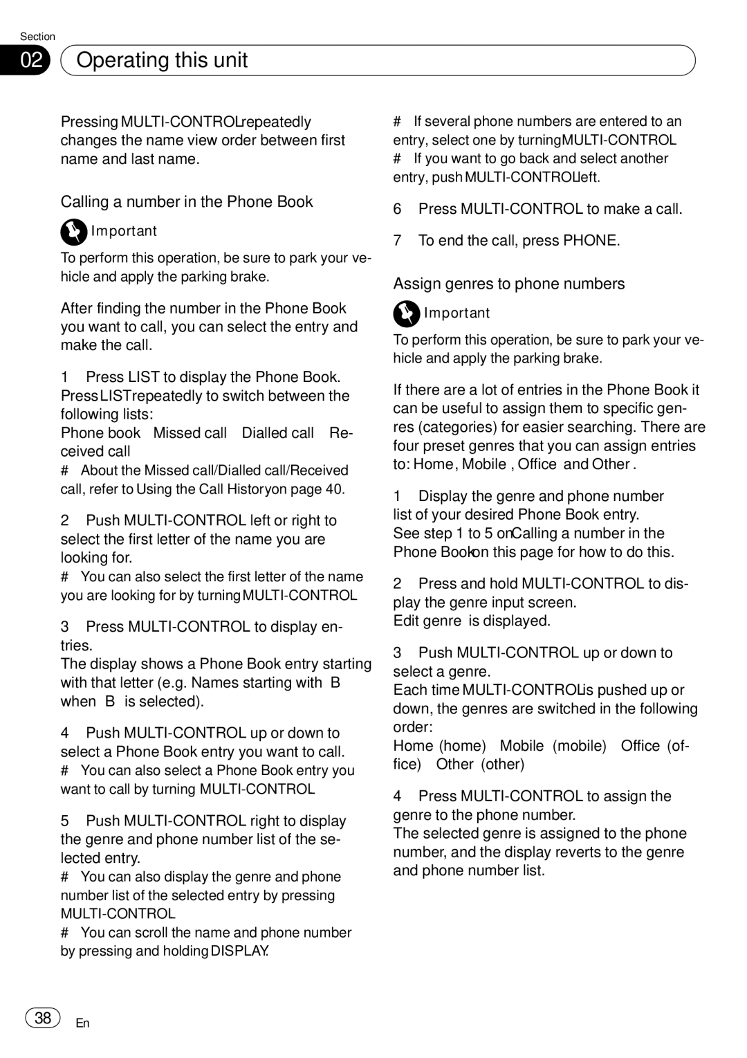 Pioneer DEH-P85BT operation manual Calling a number in the Phone Book, Assign genres to phone numbers 