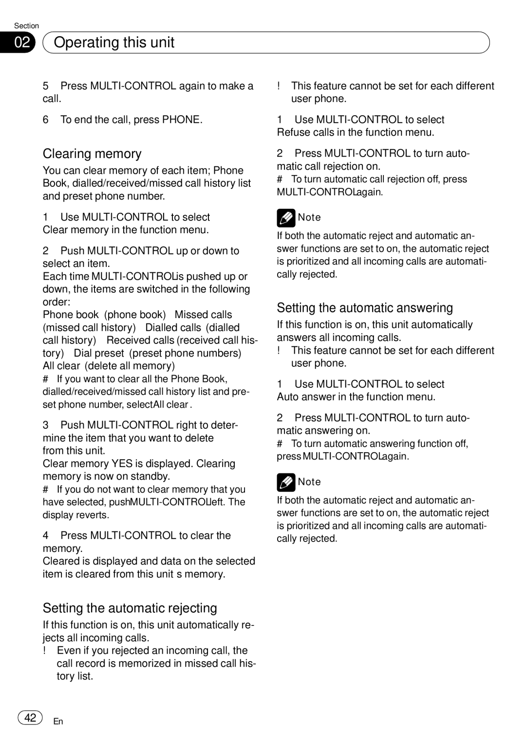 Pioneer DEH-P85BT operation manual Clearing memory, Setting the automatic answering, Setting the automatic rejecting 