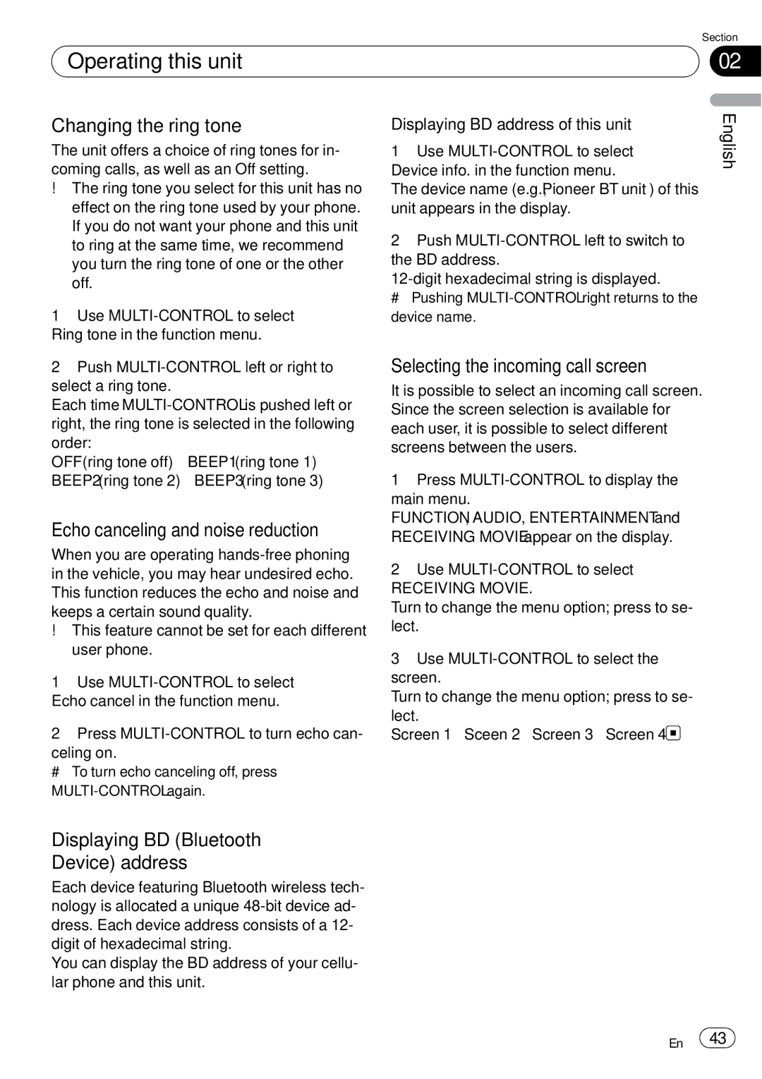 Pioneer DEH-P85BT Changing the ring tone, Echo canceling and noise reduction, Selecting the incoming call screen 