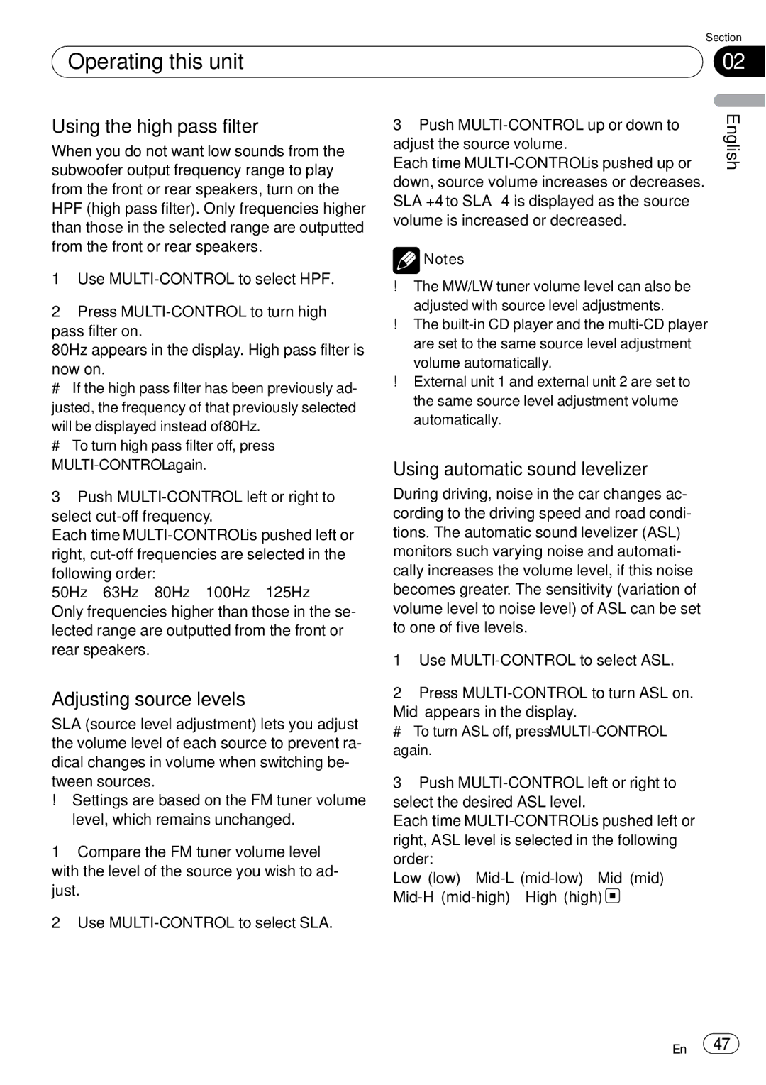 Pioneer DEH-P85BT operation manual Using the high pass filter, Adjusting source levels, Using automatic sound levelizer 