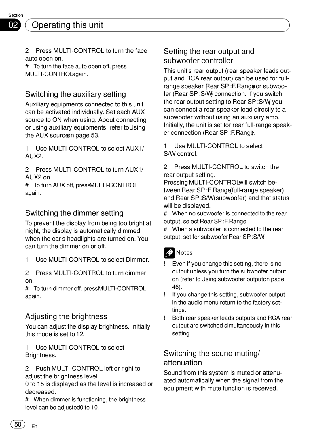 Pioneer DEH-P85BT operation manual Switching the auxiliary setting, Setting the rear output and subwoofer controller 