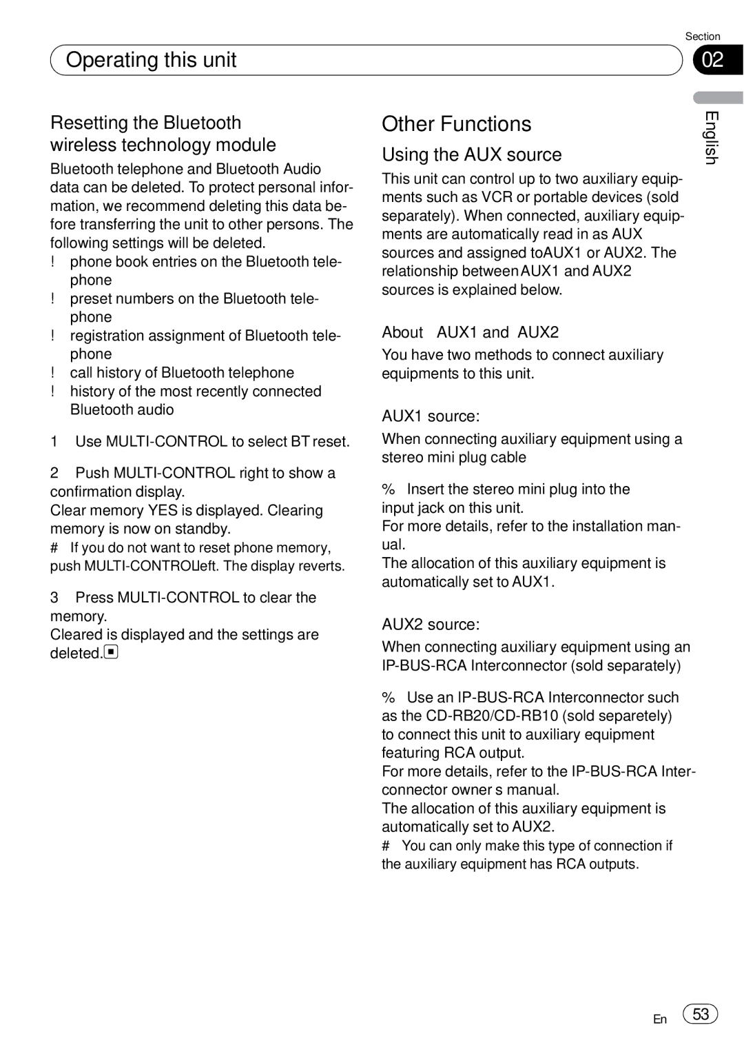 Pioneer DEH-P85BT Other Functions, Resetting the Bluetooth, Wireless technology module Using the AUX source 