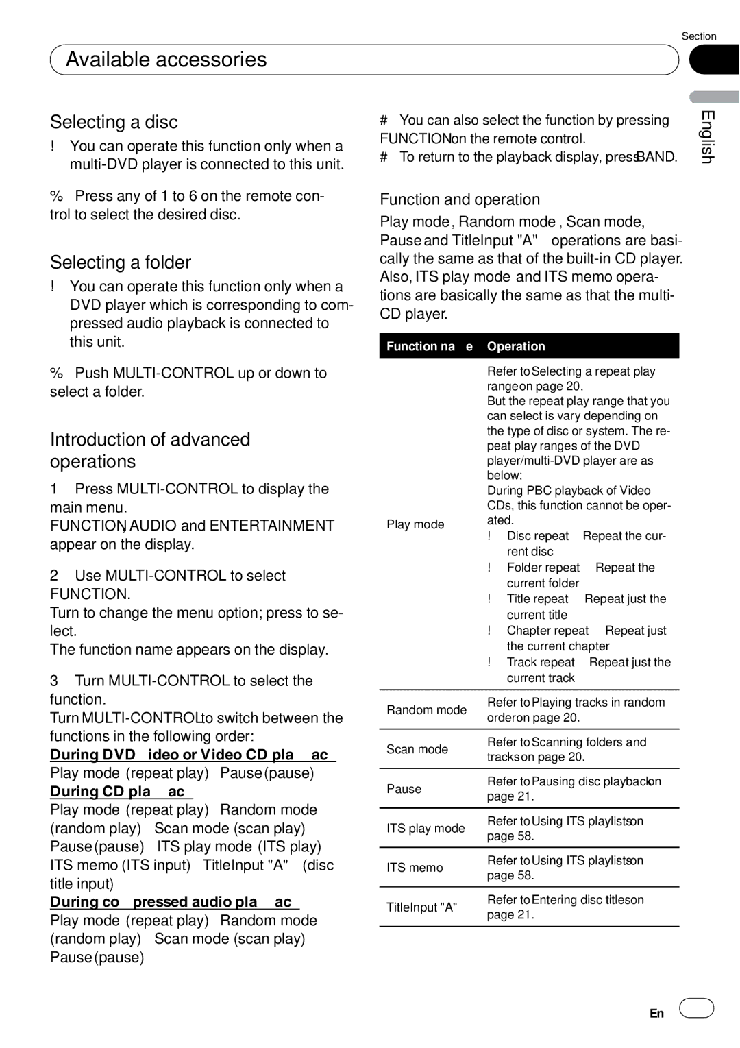 Pioneer DEH-P85BT operation manual Selecting a disc, Selecting a folder 