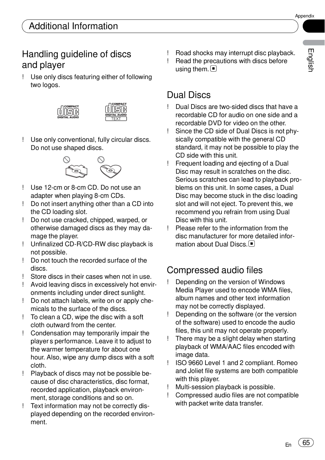 Pioneer DEH-P85BT operation manual Dual Discs, Compressed audio files 