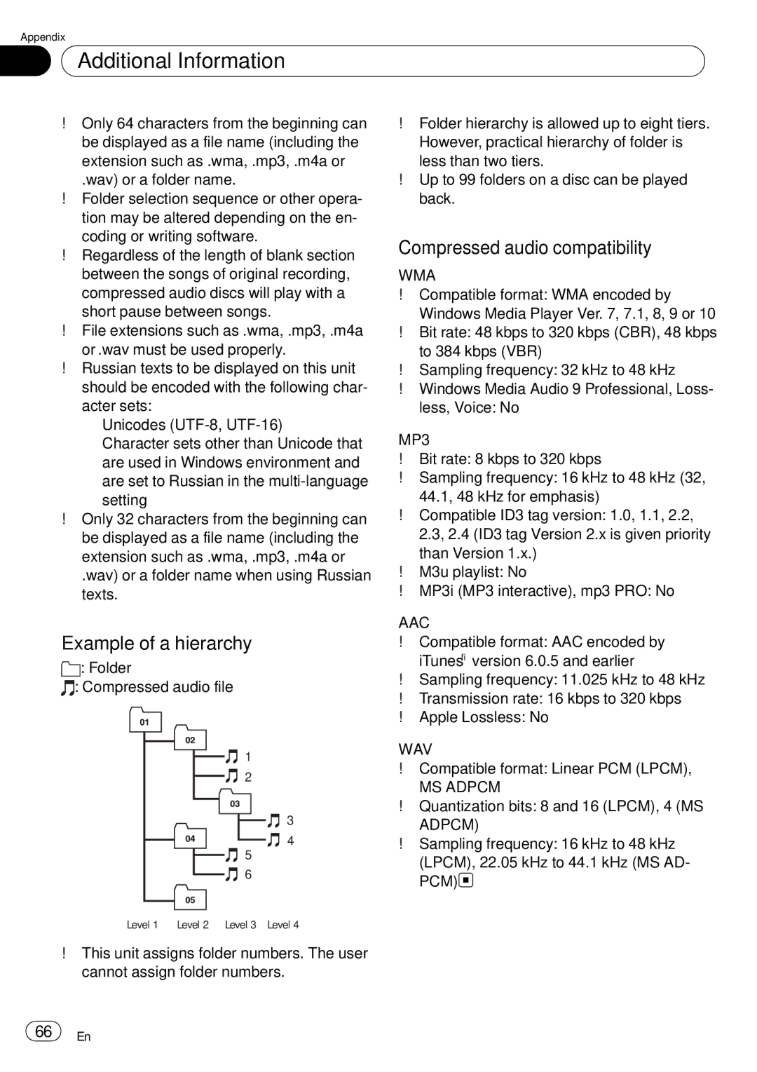 Pioneer DEH-P85BT operation manual Additional Information, Example of a hierarchy, Compressed audio compatibility 