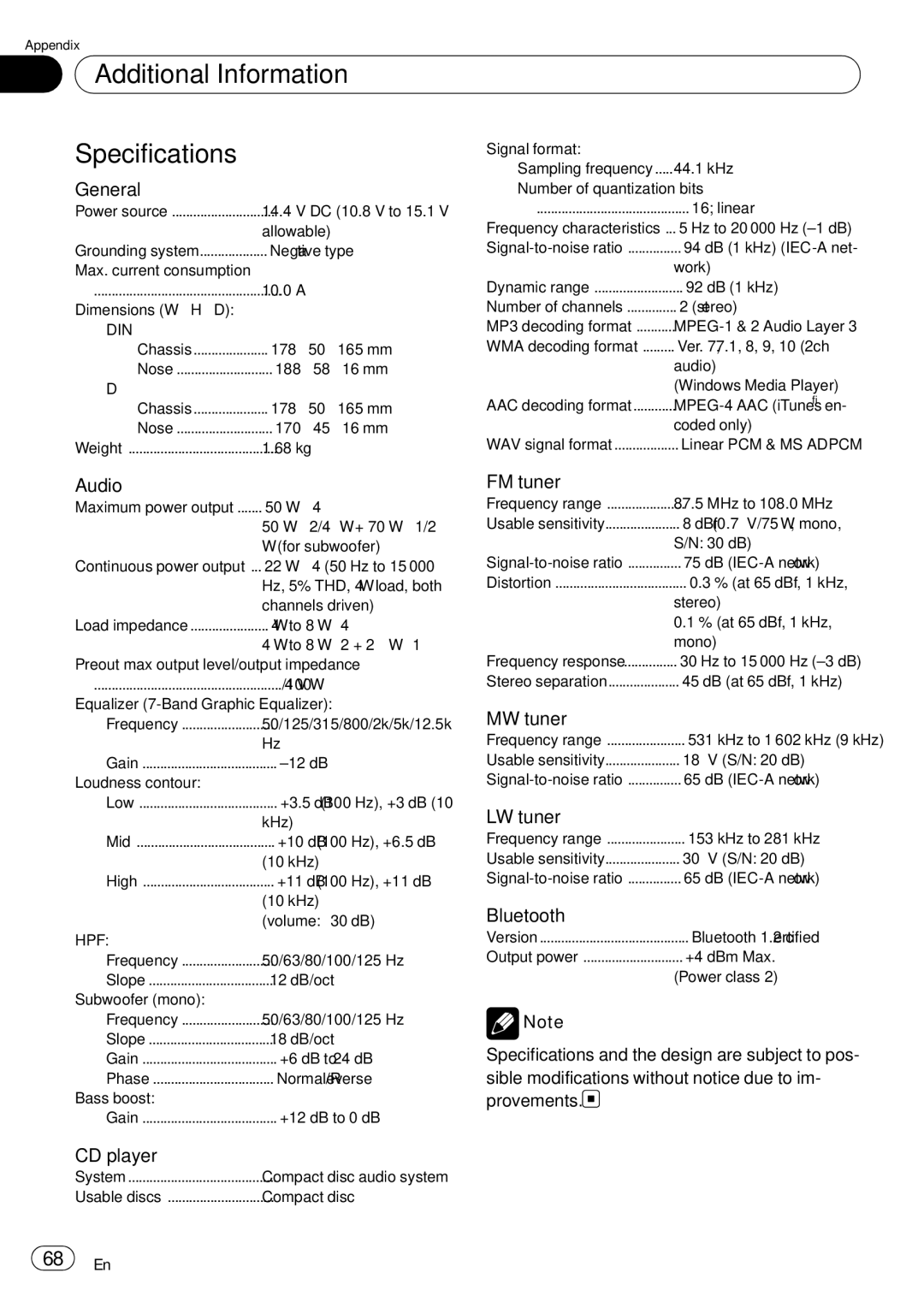 Pioneer DEH-P85BT operation manual Additional Information Specifications 