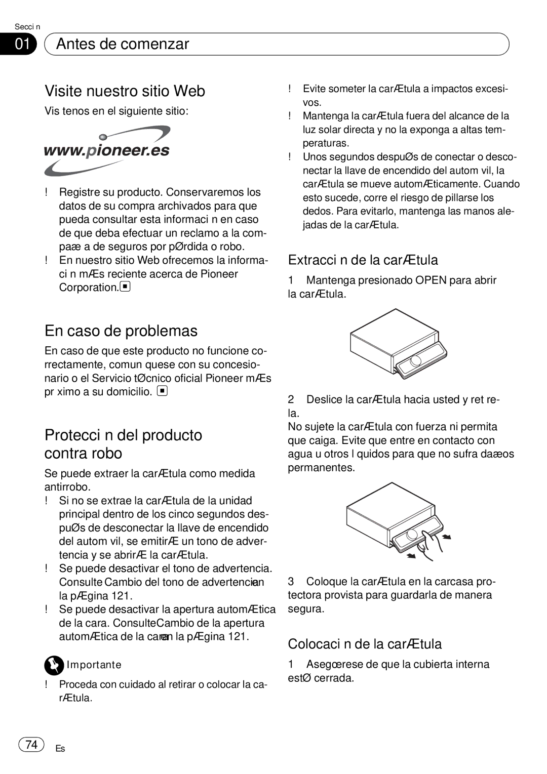 Pioneer DEH-P85BT Antes de comenzar Visite nuestro sitio Web, En caso de problemas, Protección del producto contra robo 