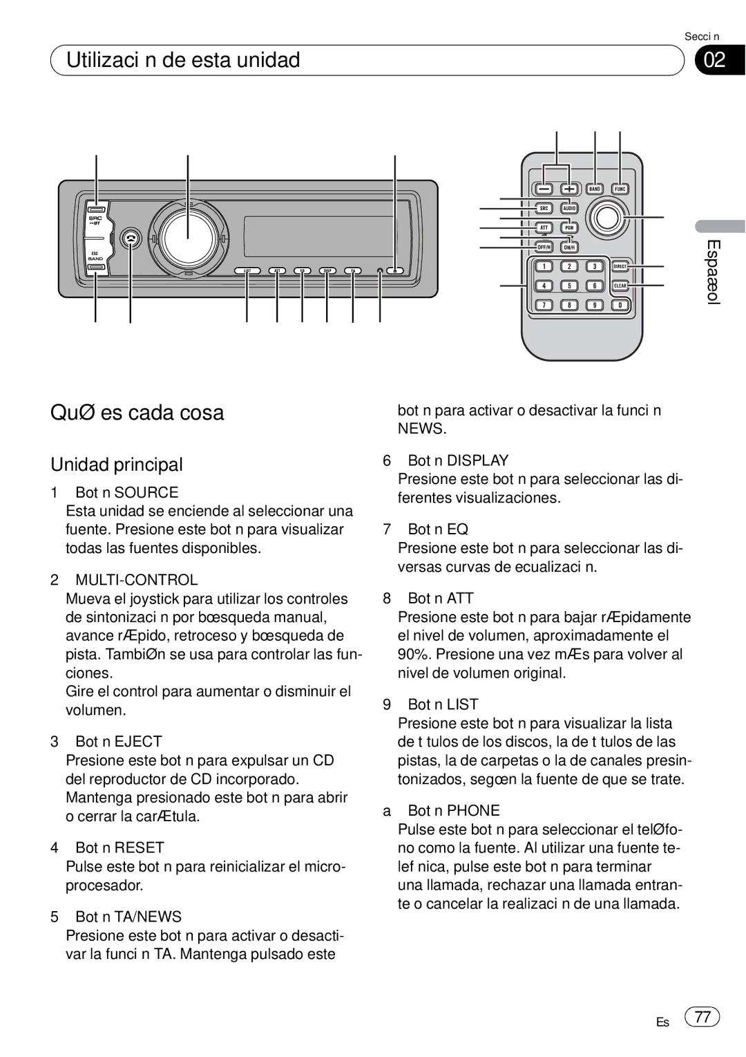 Pioneer DEH-P85BT operation manual Utilización de esta unidad, Qué es cada cosa, Unidad principal 