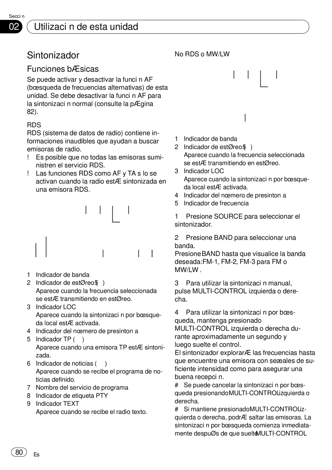 Pioneer DEH-P85BT operation manual Utilización de esta unidad Sintonizador, Funciones básicas, No RDS o MW/LW, Derecha 