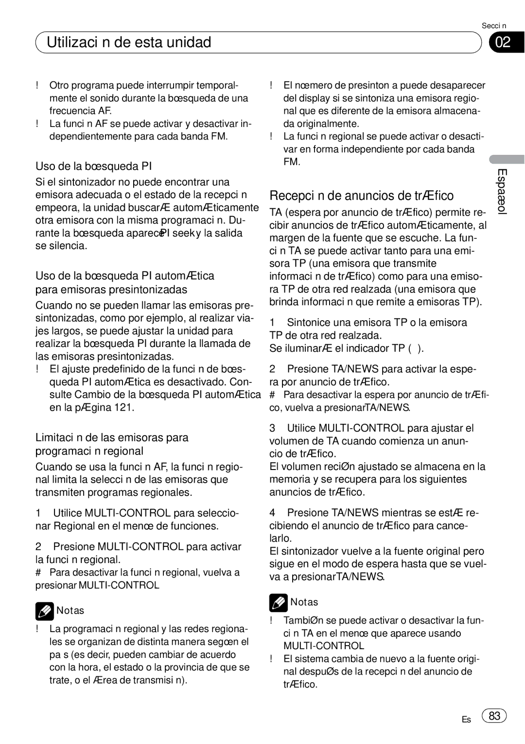 Pioneer DEH-P85BT operation manual Recepción de anuncios de tráfico, Uso de la búsqueda PI 