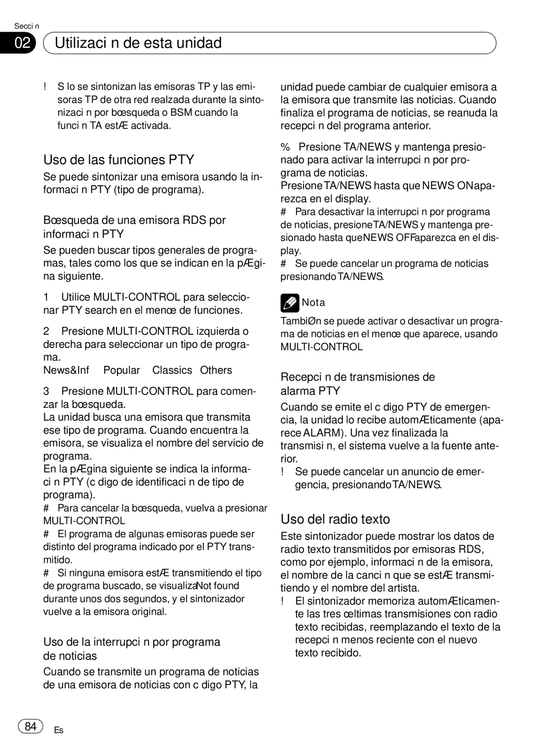 Pioneer DEH-P85BT Uso de las funciones PTY, Uso del radio texto, Búsqueda de una emisora RDS por información PTY 