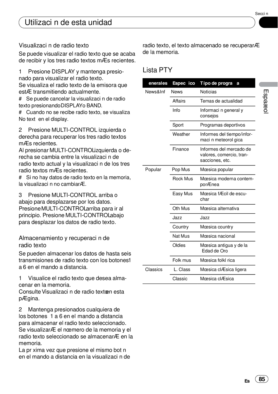 Pioneer DEH-P85BT operation manual Lista PTY, Visualización de radio texto, Almacenamiento y recuperación de radio texto 