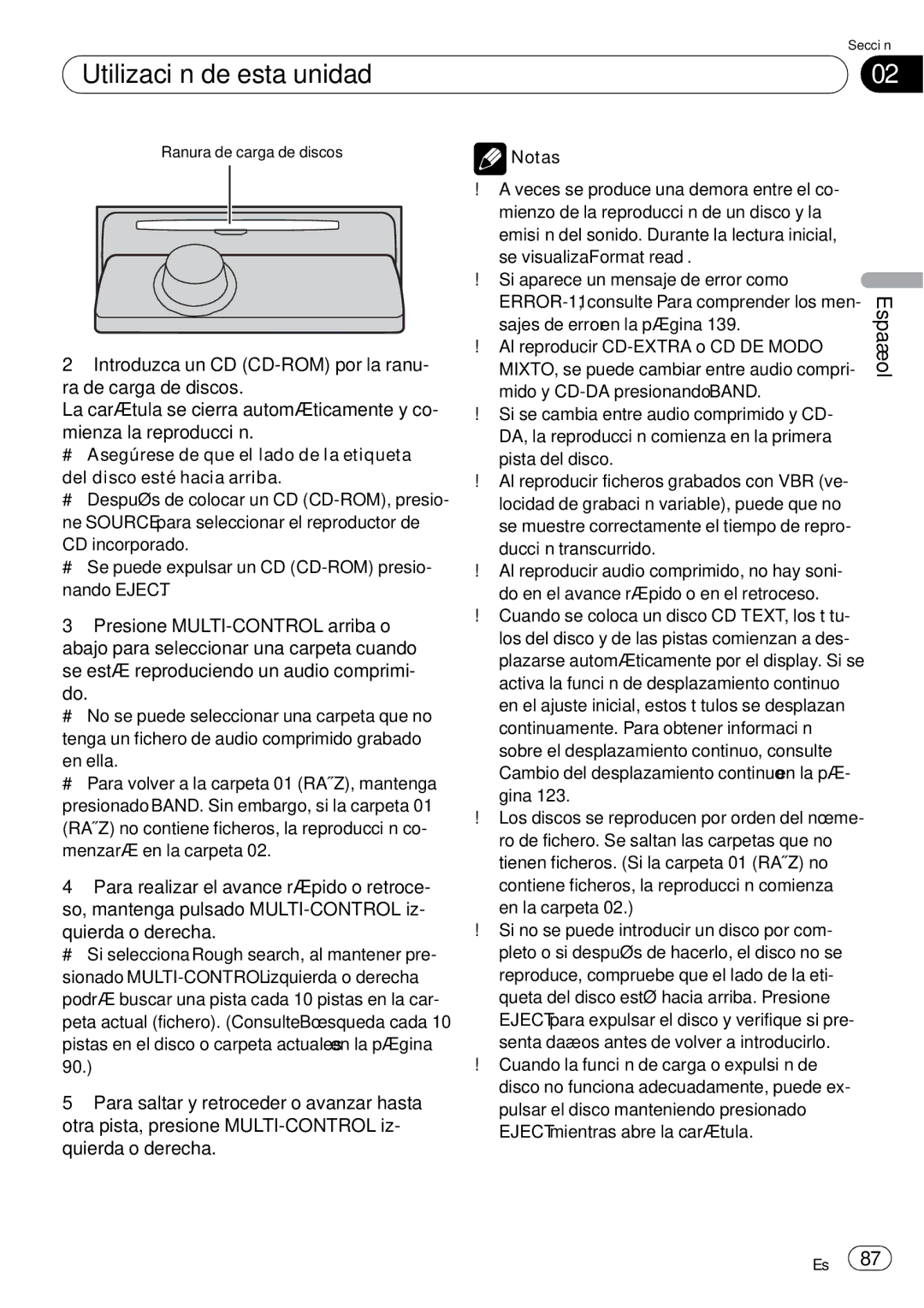 Pioneer DEH-P85BT operation manual Ranura de carga de discos 