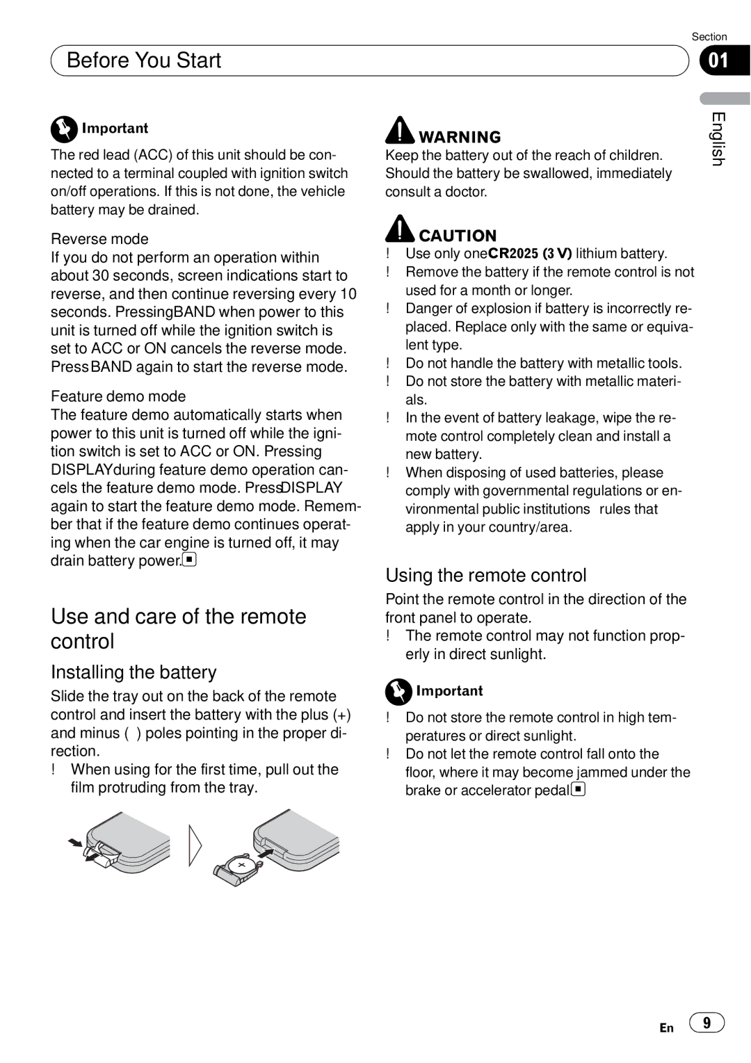 Pioneer DEH-P85BT operation manual Use and care of the remote control, Using the remote control, Installing the battery 