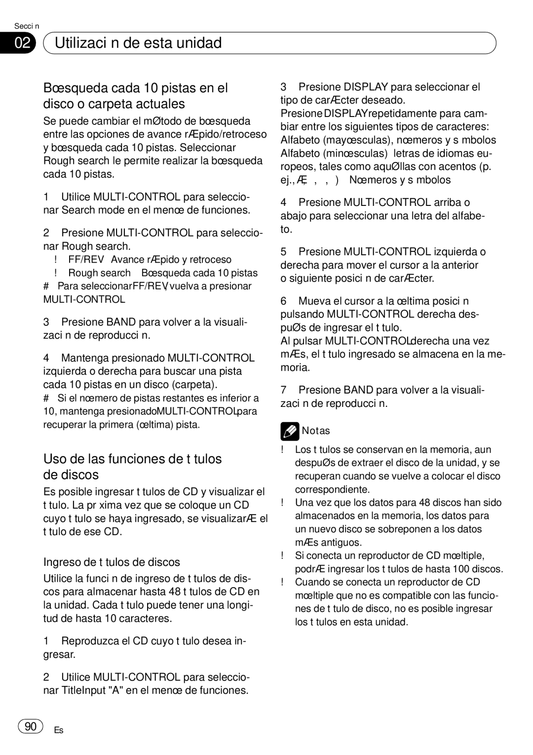 Pioneer DEH-P85BT Búsqueda cada 10 pistas en el disco o carpeta actuales, Uso de las funciones de títulos de discos 