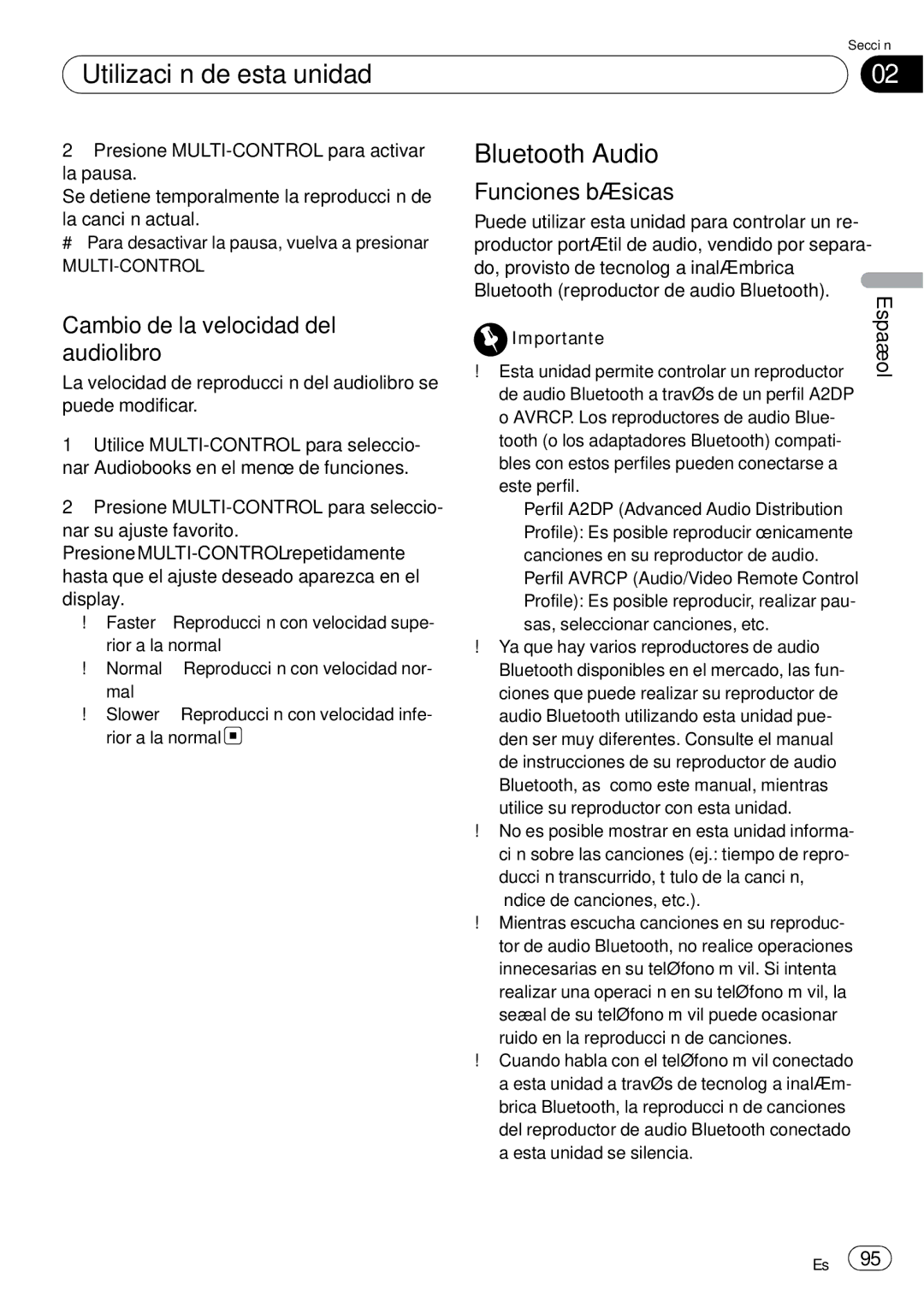 Pioneer DEH-P85BT operation manual Bluetooth Audio, Cambio de la velocidad del audiolibro 