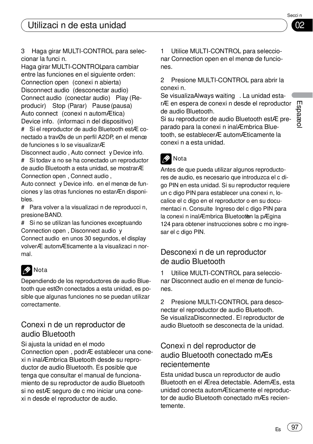 Pioneer DEH-P85BT Conexión de un reproductor de audio Bluetooth, Desconexión de un reproductor de audio Bluetooth 