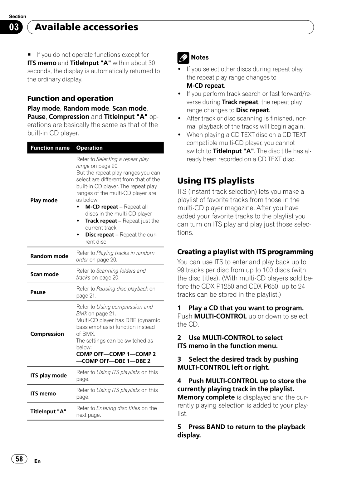 Pioneer DEH-P85BT operation manual Using ITS playlists, Creating a playlist with ITS programming, 03Available accessories 