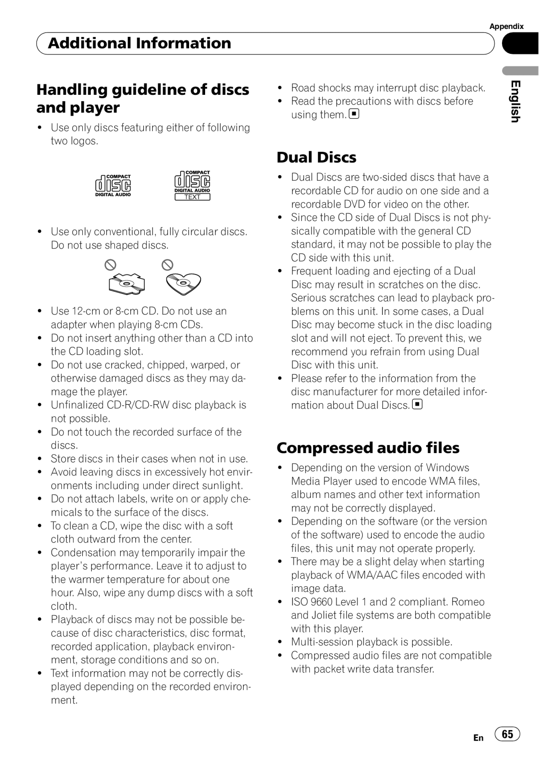 Pioneer DEH-P85BT Handling guideline of discs and player, Dual Discs, Compressed audio files, Additional Information 