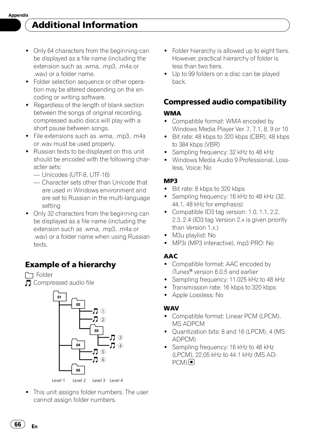 Pioneer DEH-P85BT operation manual Example of a hierarchy, Compressed audio compatibility, Additional Information 
